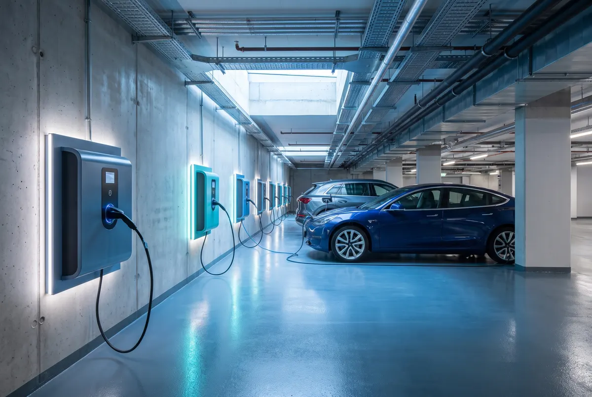 Rangée de bornes de recharge dans le parking souterrain d'un immeuble tertiaire, véhicules électriques en charge